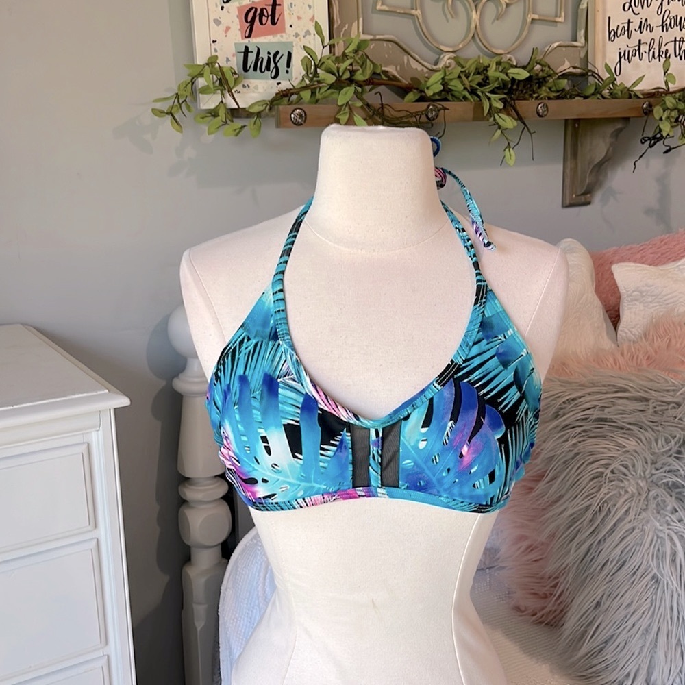 Bikini Top Swimsuit Tropical Blue Womens Large SO